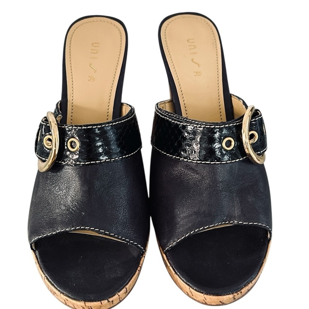 Unisa Black and Gold leather Slide  Mules with‎ Cork Platform Sz 10